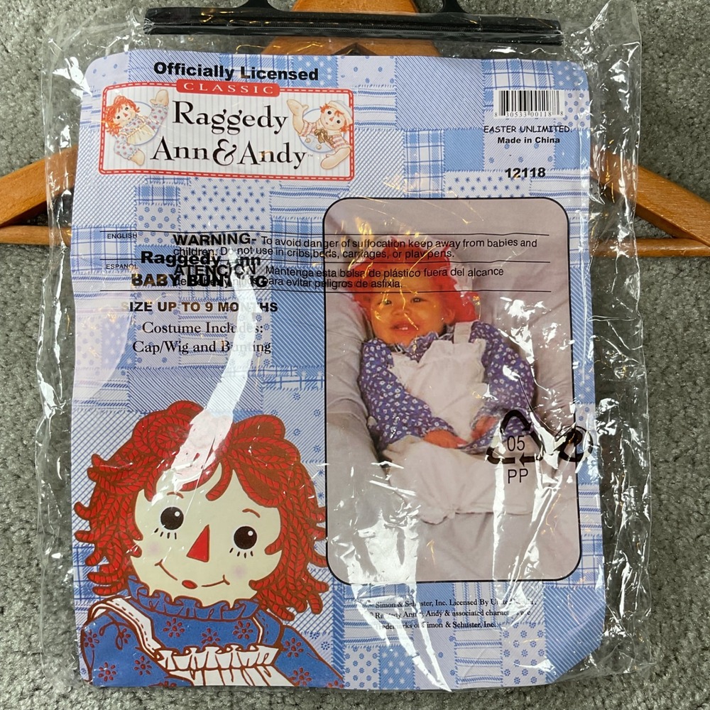 Raggedy Ann Bunting Costume Baby 0-9 Months Blue White Floral Cap Yarn Hair